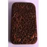 A GOOD 19TH CENTURY INDIAN CARVED SANDALWOOD CARD CASE AND COVER decorated all over with hunting