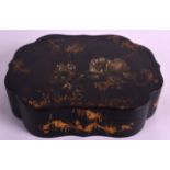 A MID 19TH CENTURY ENGLISH LACQUER BOX AND COVER probably Jennens & Bettridge, containing numerous