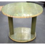 A RARE FRENCH ART DECO SHARK SKIN AND IVORY OCCASIONAL TABLE supported on two overlaid pillars.