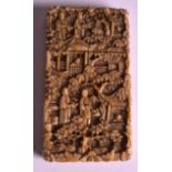 A SMALL MID 19TH CENTURY CANTON CARVED IVORY CARD CASE AND COVER decorated with figures in various