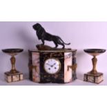 A FRENCH ART DECO BRONZE AND MARBLE CLOCK GARNITURE the clock modelled with a roaming lion upon