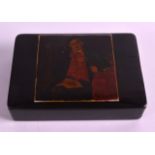 AN EARLY 19TH CENTURY CARVED PAPIER MACHE SNUFF BOX of rectangular form, painted with a gentleman.