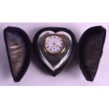 A LOVELY LATE 19TH CENTURY SILVER AND GILT VALENTINE CLOCK C1898 in a heart shaped velvet case. 3Ins