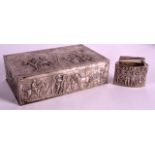 A 19TH CENTURY CONTINENTAL SOLID SILVER CIGAR BOX together with a matching lighter, decorated with