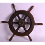 AN EARLY 20TH CENTURY OAK AND BRASS BOUND SHIPS WHEEL. 1Ft 3ins wide.