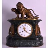 A MID 19TH CENTURY FRENCH BRONZE AND MARBLE MANTEL CLOCK modelled as a lion and panther seated