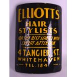 A VINTAGE ELLIOTS HAIR STYLISTS ENAMEL SIGN. 12Ins x 9ins.