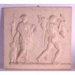 A LARGE CLASSICAL PLASTER WALL PLAQUE depicting figures in relief. 1Ft 10ins x 1ft 8ins.