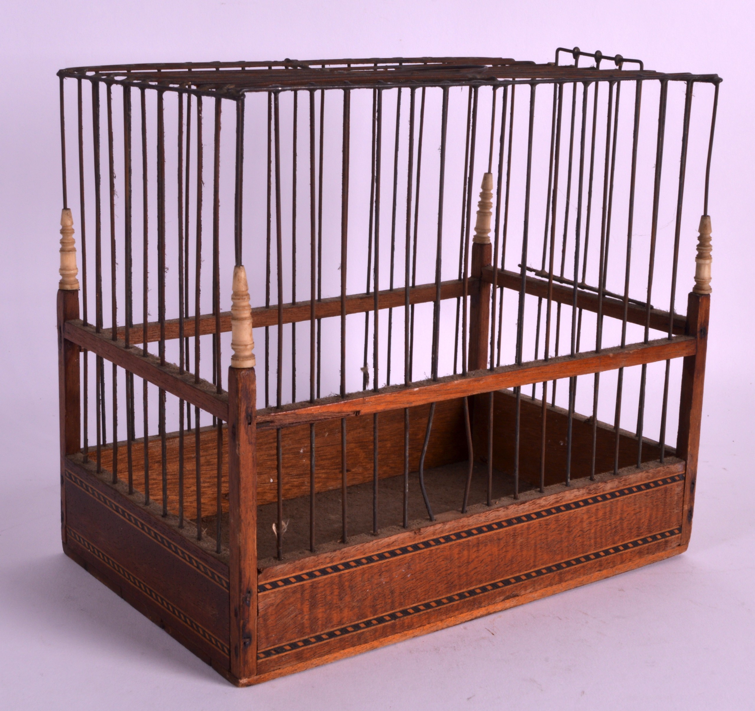 A RARE GEORGE III LINNET CAGE with crossbanded inlay and ivory mounts. 8Ins x 8ins.