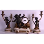 A GOOD 19TH CENTURY FRENCH BRONZE CLOCK GARNITURE modelled as cupid over a drum, supported on ormolu