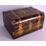 A FINE MID 19TH CENTURY ENGLISH COROMANDEL GAMING BOX overlaid in bronze with gothic straps, the top