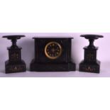 A 19TH CENTURY FRENCH BLACK MARBLE CLOCK GARNITURE the dial bearing indistinct signature. Mantel