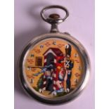 A LARGE EARLY 20TH CENTURY DOXA SILVER POCKET WATCH the dial depicting erotic scenes. 2.5ins