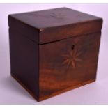 A GEORGE III SMALL MAHOGANY TEA CADDY inset with star shaped motifs. 4.25ins wide.