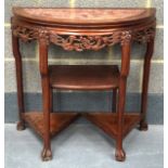 AN EARLY 20TH CENTURY CHINESE MARBLE INSET DEMI LUNE CONSOLE TABLE with unusual stepped display