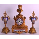 A 19TH CENTURY FRENCH GILT METAL AND PORCELAIN CLOCK GARNITURE painted with scenes of romantic