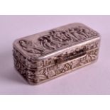 A SMALL EARLY 20TH CENTURY SWISS SILVER PILL BOX decorated with classical scenes. 1.5ins wide.