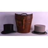 A LOVELY VICTORIAN SCOTTISH LEATHER HAT BOX containing two good quality gentlemans top hats. Box 1ft