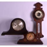A 1920S OAK MANTEL CLOCK together with a smaller mantel clock & a barometer. (3)