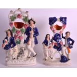 A LARGE 19TH CENTURY STAFFORDSHIRE FIGURAL WATCH HOLDER GROUP together with another similar. 12.5ins