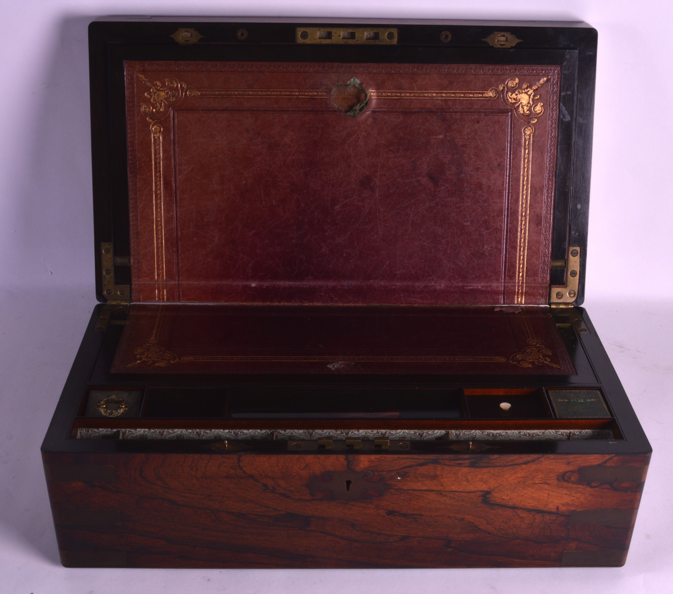 A FINE VICTORIAN SCOTTISH CARVED ROSEWOOD WRITING BOX with brass inlay, the top rising to reveal a - Image 2 of 2