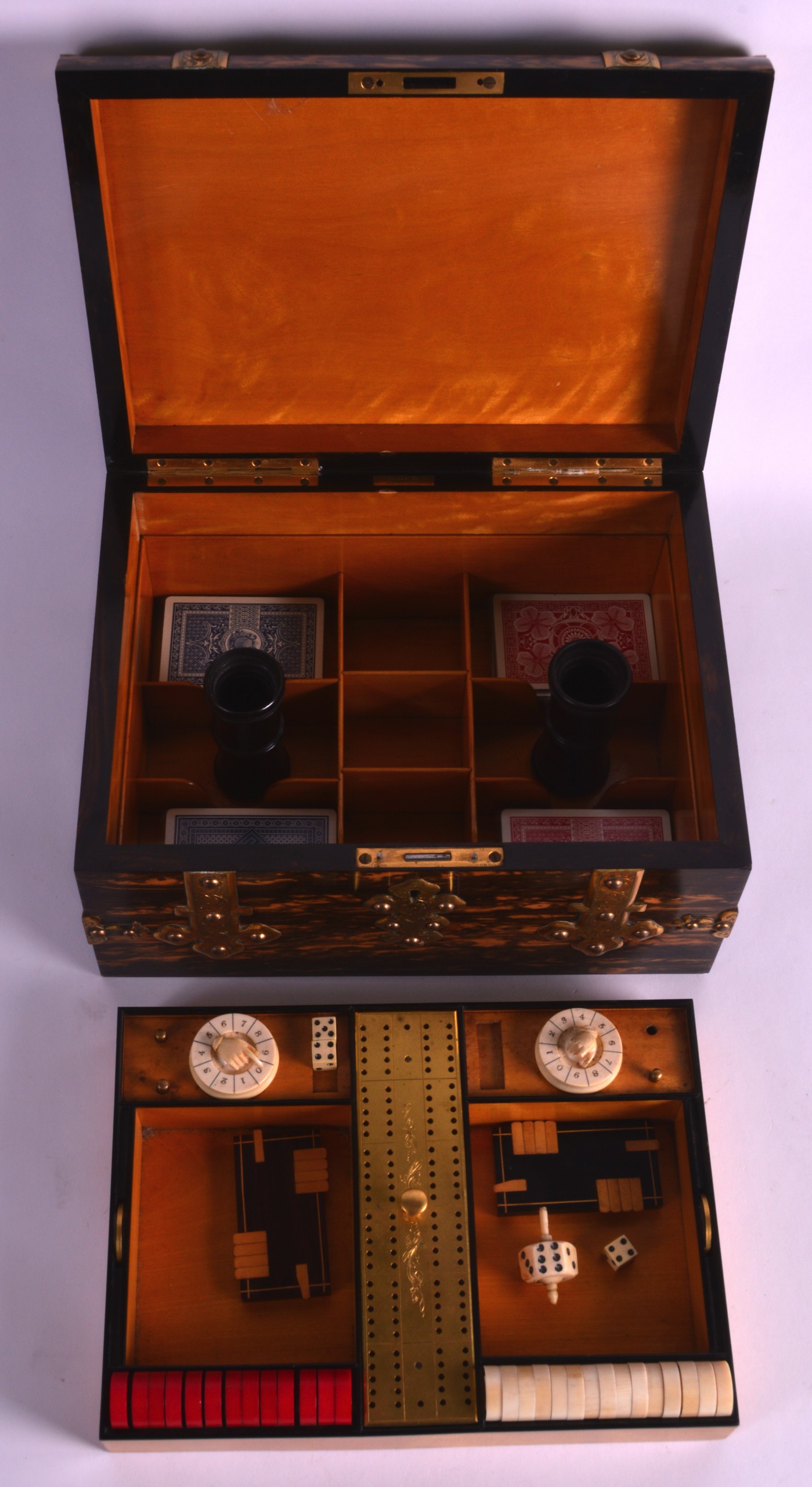 A FINE MID 19TH CENTURY ENGLISH COROMANDEL GAMING BOX overlaid in bronze with gothic straps, the top - Image 2 of 2
