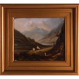 A 19TH CENTURY ENGLISH FRAMED PORCELAIN PLAQUE painted with rural landscapes. Panel 5.5ins x 5ins.