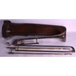 A VINTAGE HAWKES AND SON LEATHER CASED PLATED TROMBONE No. 39710. 2ft 1ins long.