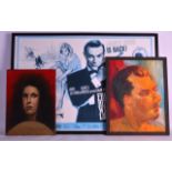 A FRAMED REPRODUCTION JAMES BOND POSTER together with two oil on canvas. Largest 2Ft 11ins x 2ft. (