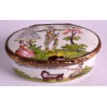 A GOOD 18TH CENTURY GERMAN ENAMEL OVAL SNUFF BOX painted with a harlequin within a landscape, the