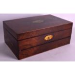 A VICTORIAN CARVED ROSEWOOD STATIONARY BOX with brass inlay. 1Ft 3ins wide.