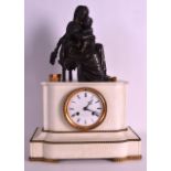 A 19TH CENTURY FRENCH BRONZE AND WHITE MARBLE MANTEL CLOCK with white enamel dial signed Gros A