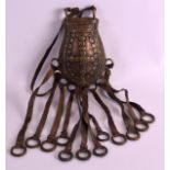 AN EARLY 20TH CENTURY AFRICAN BENIN BRONZE GENTLEMANS HUNTING POUCH all over decorated with