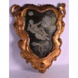 AN UNUSUAL GEORGE III GILTWOOD FRAMED MIRROR etched with a figure beside a shield. 2Ft x 1ft 4ins.