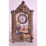 A 19TH CENTURY SWISS SILVERED BRONZE MINIATURE CLOCK inset with a swiss enamel panel of two putti