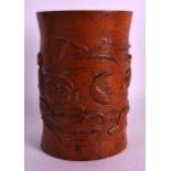 AN EARLY 20TH CENTURY CHINESE CARVED BAMBOO BRUSH POT Qing/Republic, carved with birds amongst lotus