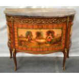 A GOOD FRENCH VERNE MATIN DECORATED KINGWOOD COMMODE with marble top, painted with panels of