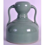 A CHINESE TWIN HANDLED CELADON VASE 20th century, bearing Qianlong marks to the base. 7.75ins high.