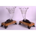 A FINE PAIR OF MID 19TH CENTURY FRENCH BRONZE CORNCOPIA VASES each cut glass flute supported