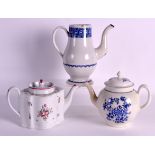 AN 18TH CENTURY LIVERPOOL TEAPOT AND COVER together with a New Hall teapot & a coffee pot. (3)