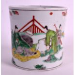 A 19TH CENTURY CHINESE FAMILLE VERTE PORCELAIN BRUSH POT Kangxi style, painted with figures in