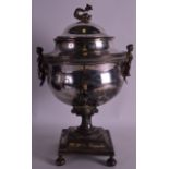A LARGE MID 19TH CENTURY SILVER PLATED TWIN HANDLED SAMOVAR AND COVER with figural handles, the