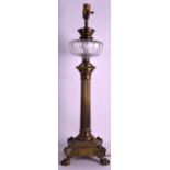 A 19TH CENTURY FRENCH BRONZE AND CRYSTAL OIL LAMP supported upon paw feet. 2Ft 2ins high.