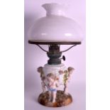 A 19TH CENTURY SITZENDORF FIGURAL OIL LAMP modelled as three cherubs holding aloft a drum. 1Ft