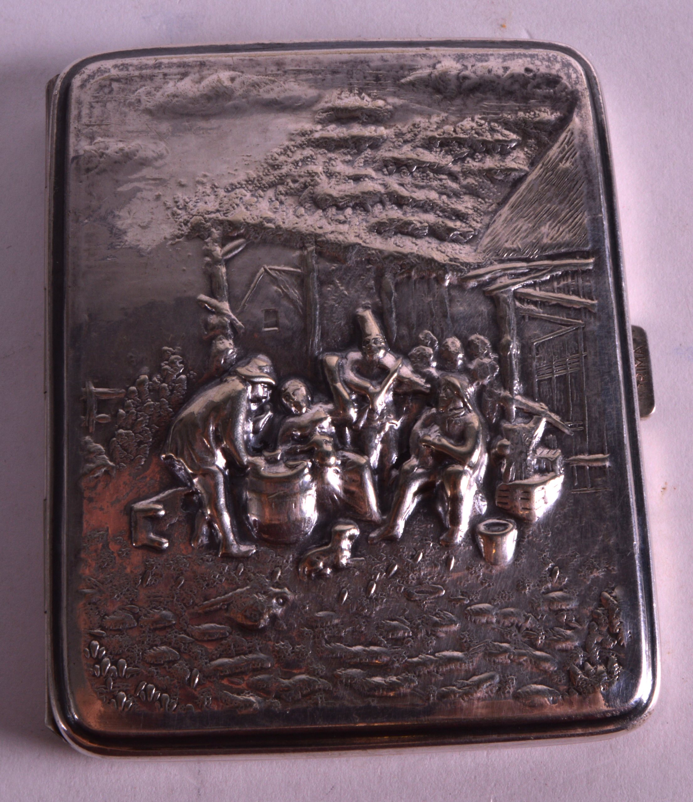 A LATE 19TH CENTURY SQUARE FORM SILVER CASE decorated in relief with figures merry making within a