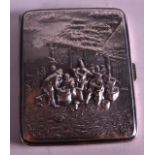 A LATE 19TH CENTURY SQUARE FORM SILVER CASE decorated in relief with figures merry making within a