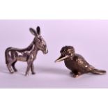 A SMALL HEAVY ENGLISH HALLMARKED NOVELTY SILVER DONKEY together with a small patinated bird signed