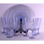 A SUITE OF VENETIAN ENGRAVED GLASSWARE comprising of a large dish, 6 x goblets and two other