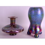 A MALTESE ARTS AND CRAFTS STYLE IRIDESCENT GLASS VASE together with another similar squat vase. 6.