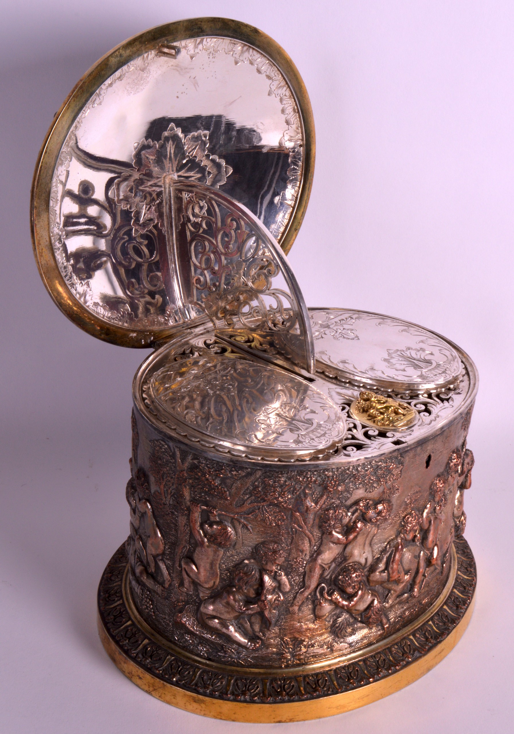 A RARE MID 19TH CENTURY SILVER PLATED TEA CADDY the rising top opening to reveal a well-cast - Image 2 of 2